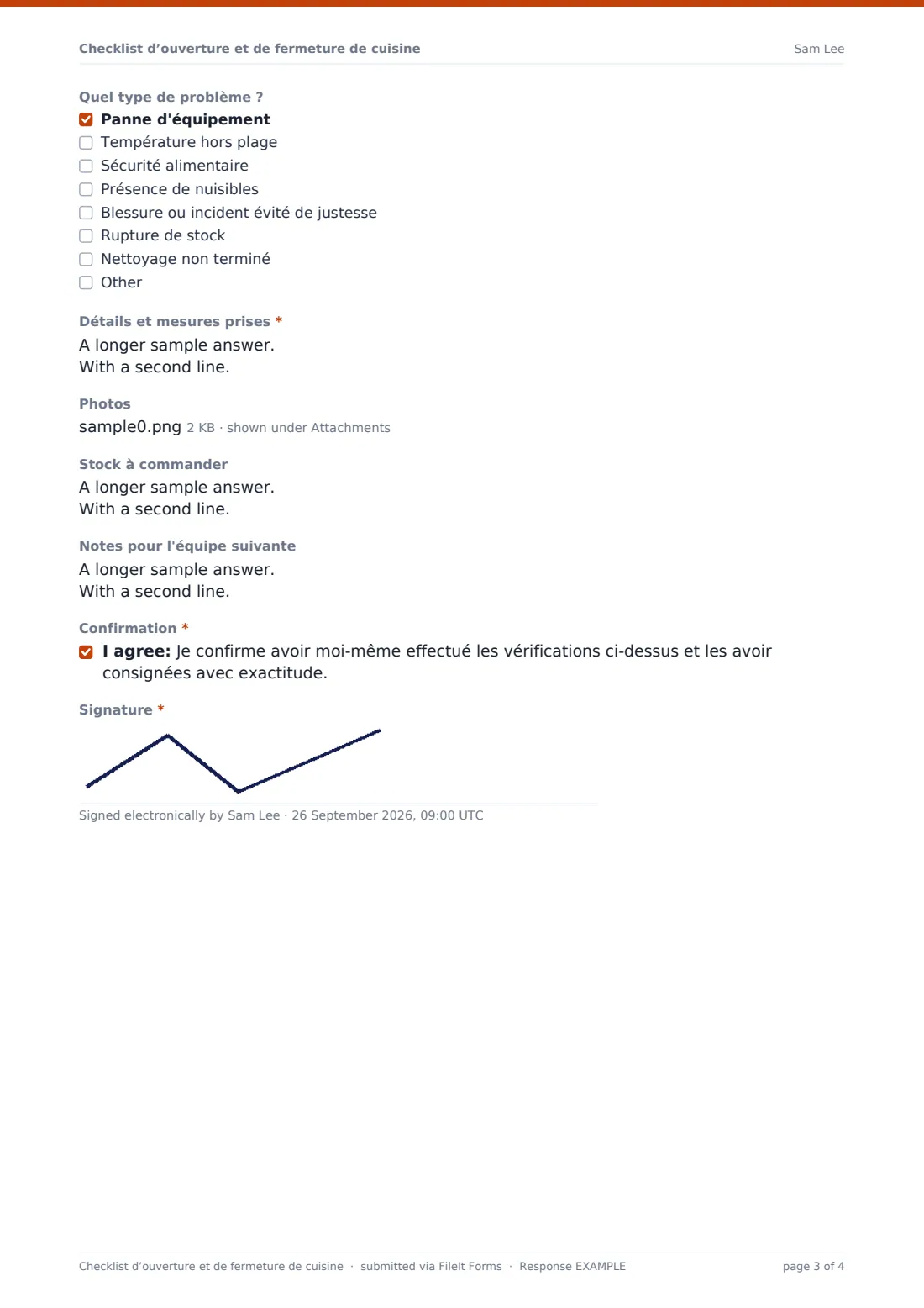 Checklist d’ouverture et de fermeture de cuisine — exemple de réponse au format PDF, page 3 sur 4