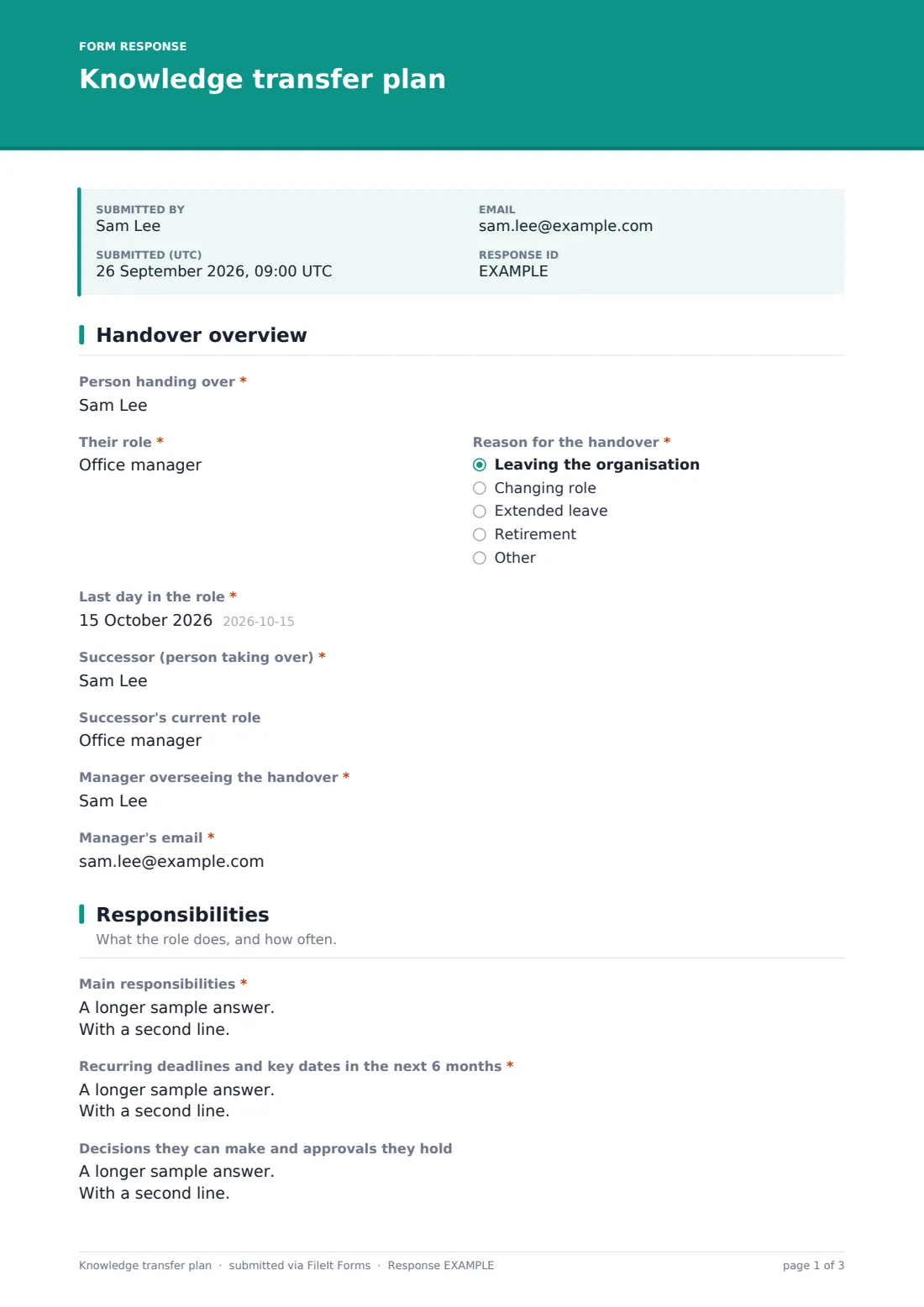 Knowledge transfer plan — example response PDF, page 1 of 3