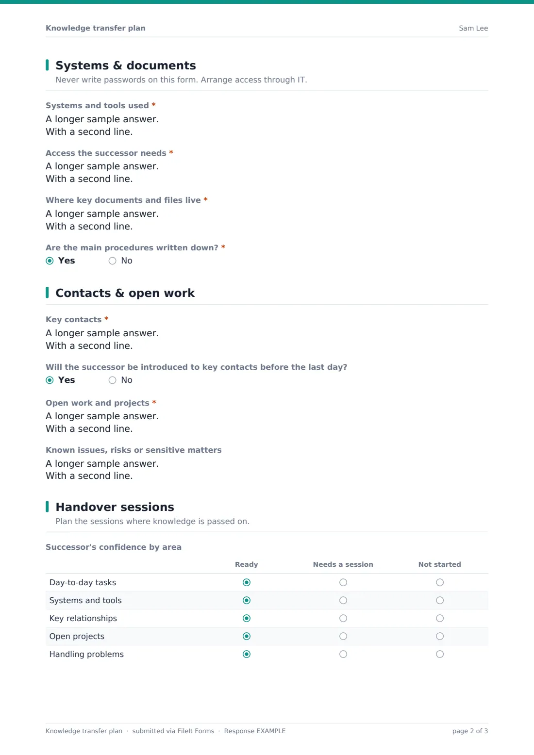 Knowledge transfer plan — example response PDF, page 2 of 3