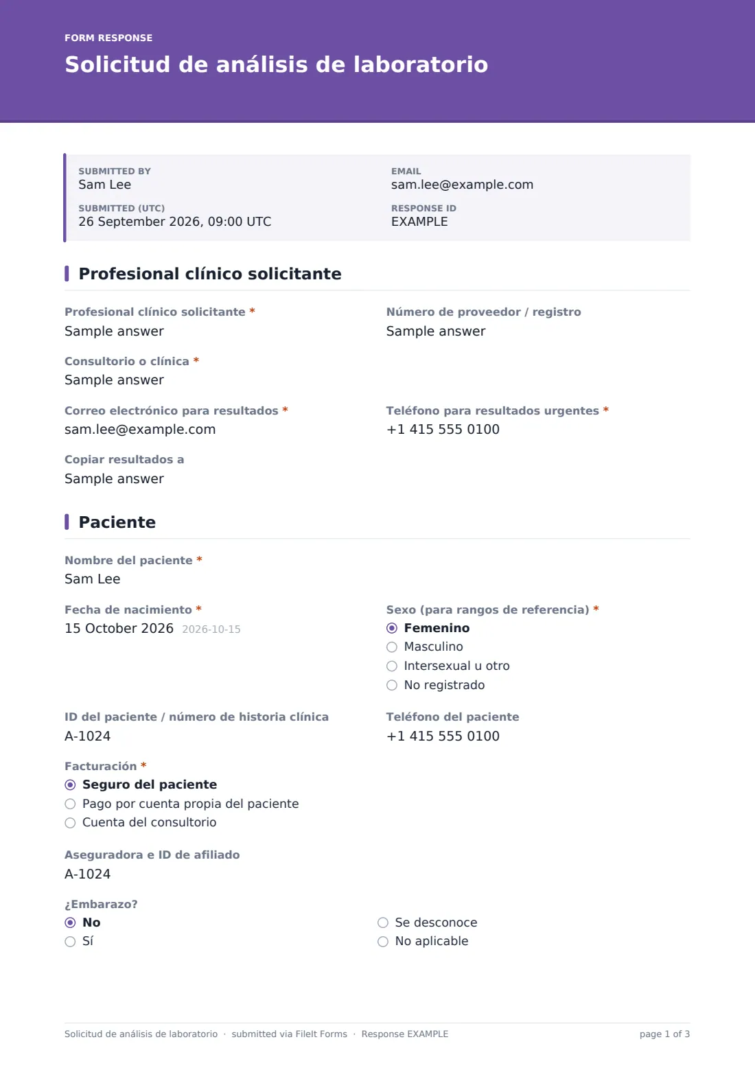 Solicitud de análisis de laboratorio — PDF de respuesta de ejemplo, página 1 de 3