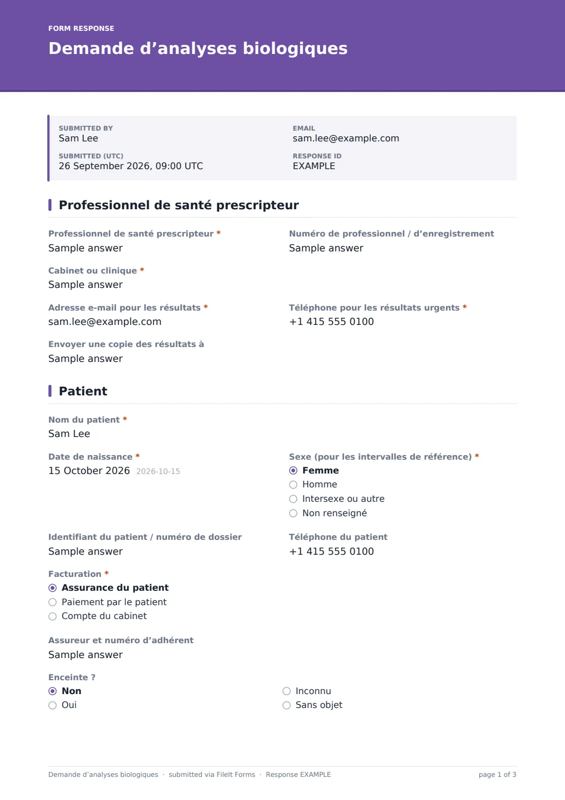 Demande d’analyses biologiques — exemple de réponse au format PDF, page 1 sur 3