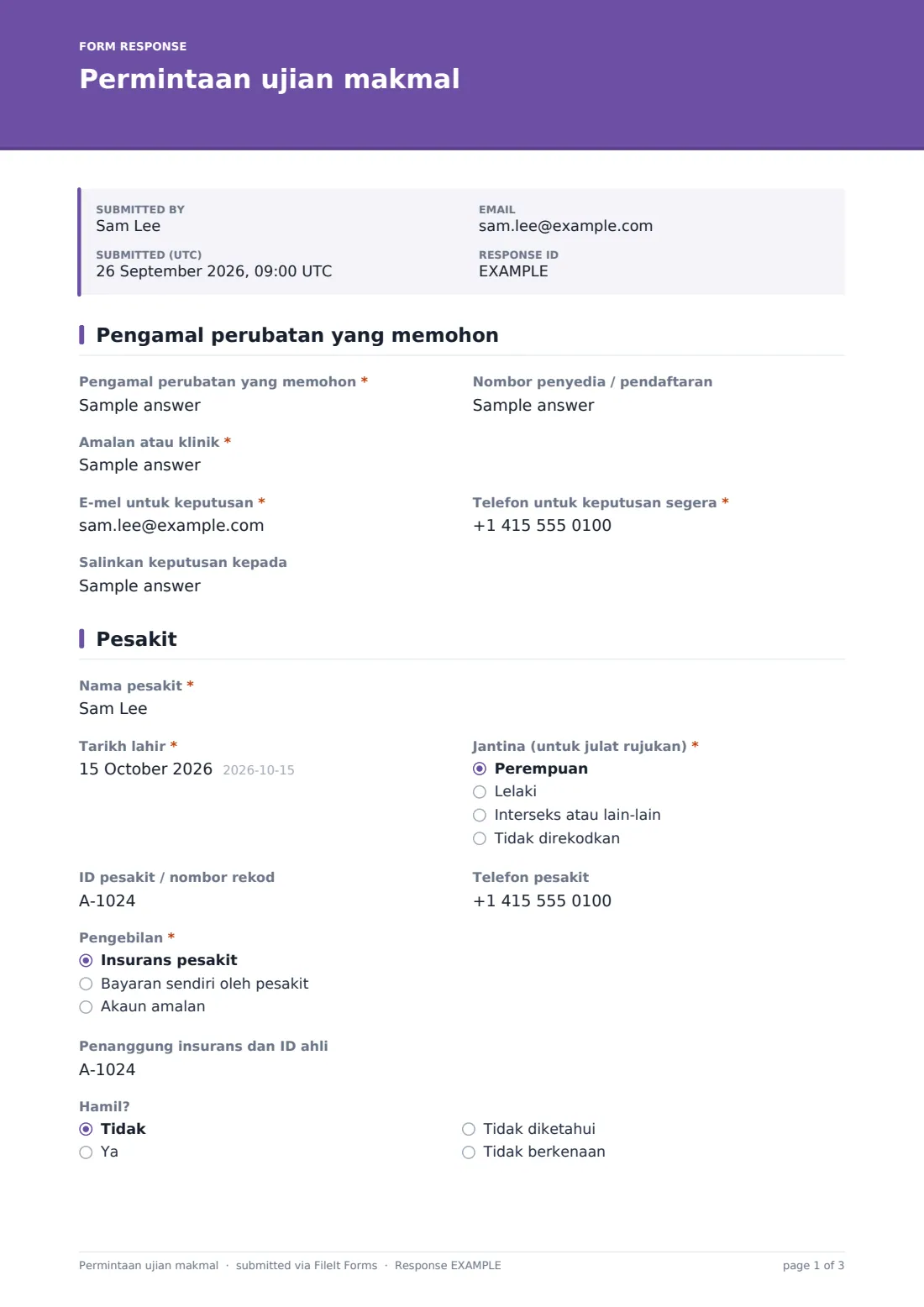Permintaan ujian makmal — PDF respons contoh, halaman 1 daripada 3
