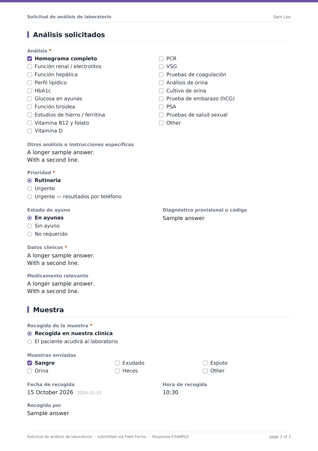 Solicitud de análisis de laboratorio — PDF de respuesta de ejemplo, página 2 de 3