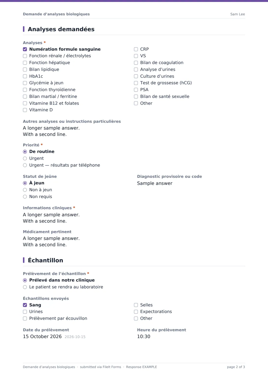 Demande d’analyses biologiques — exemple de réponse au format PDF, page 2 sur 3