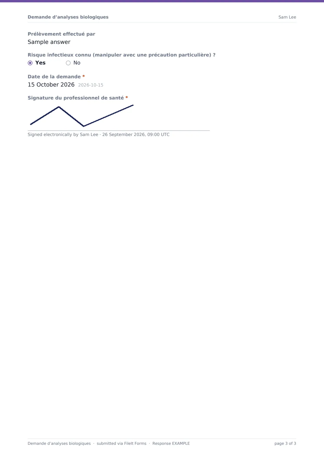 Demande d’analyses biologiques — exemple de réponse au format PDF, page 3 sur 3