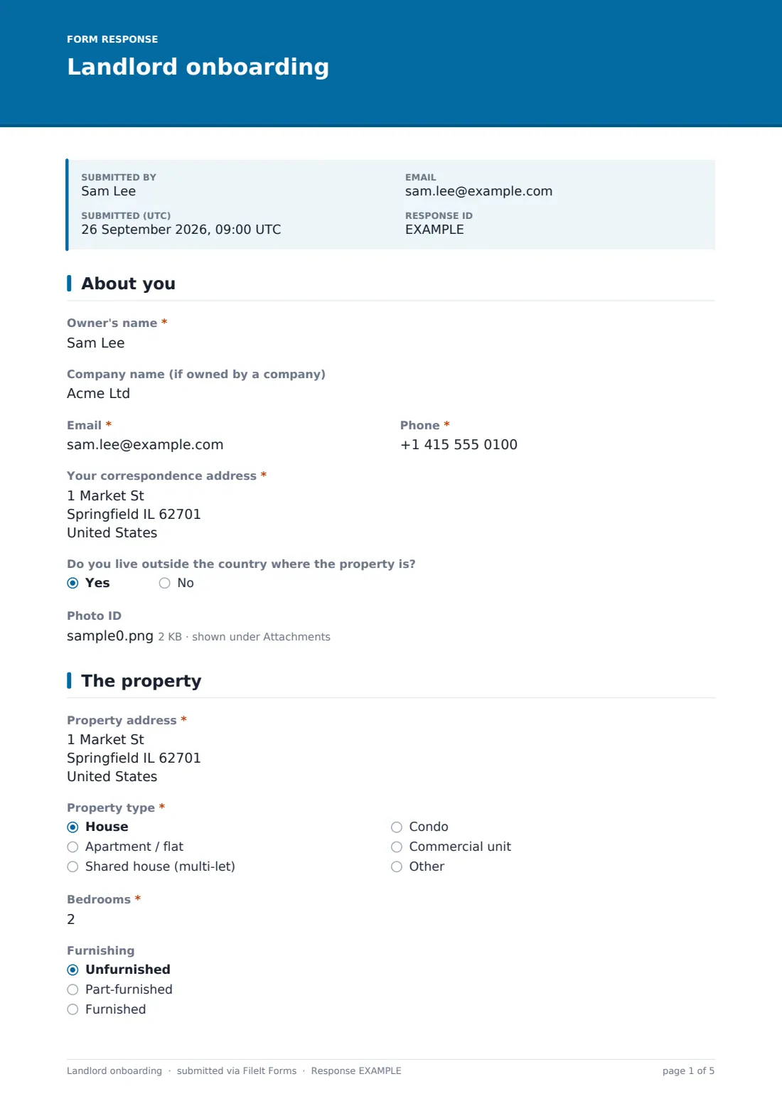 Landlord onboarding — example response PDF, page 1 of 5