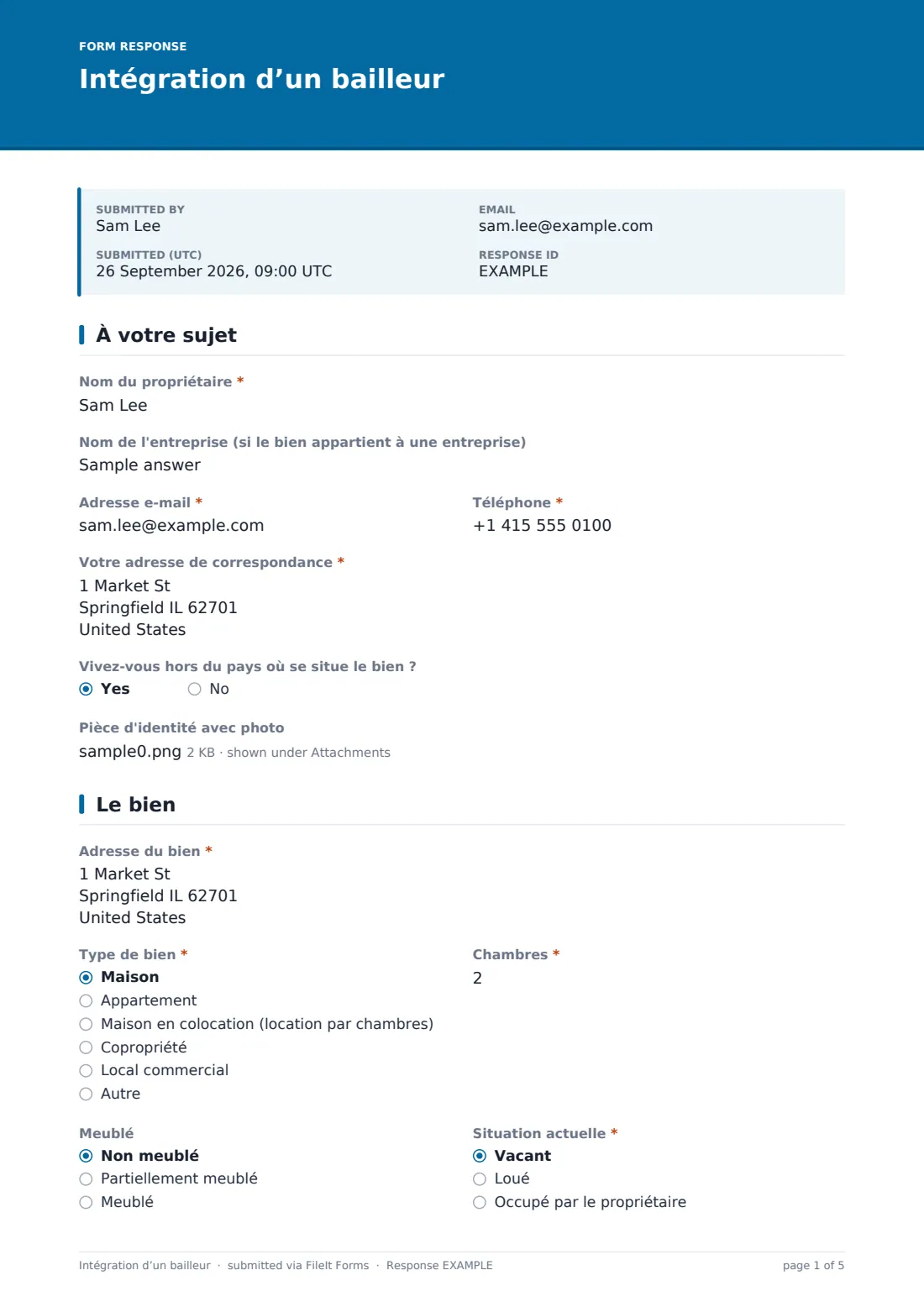 Intégration d’un bailleur — exemple de réponse au format PDF, page 1 sur 5