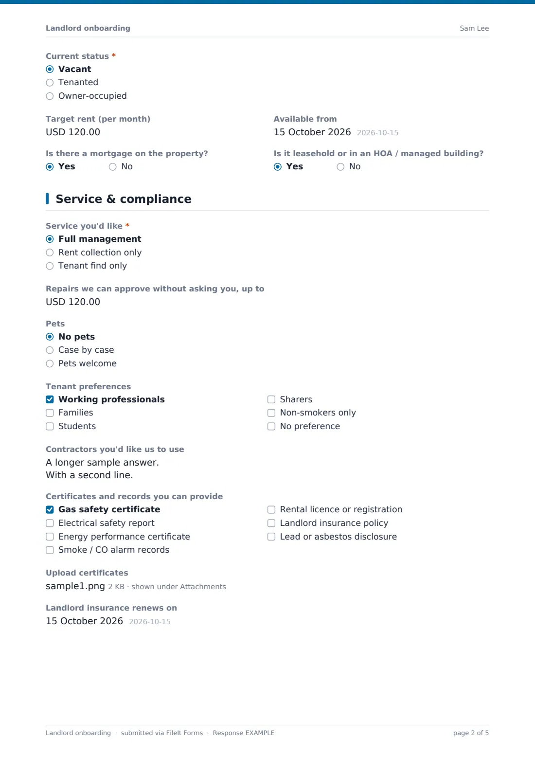 Landlord onboarding — example response PDF, page 2 of 5