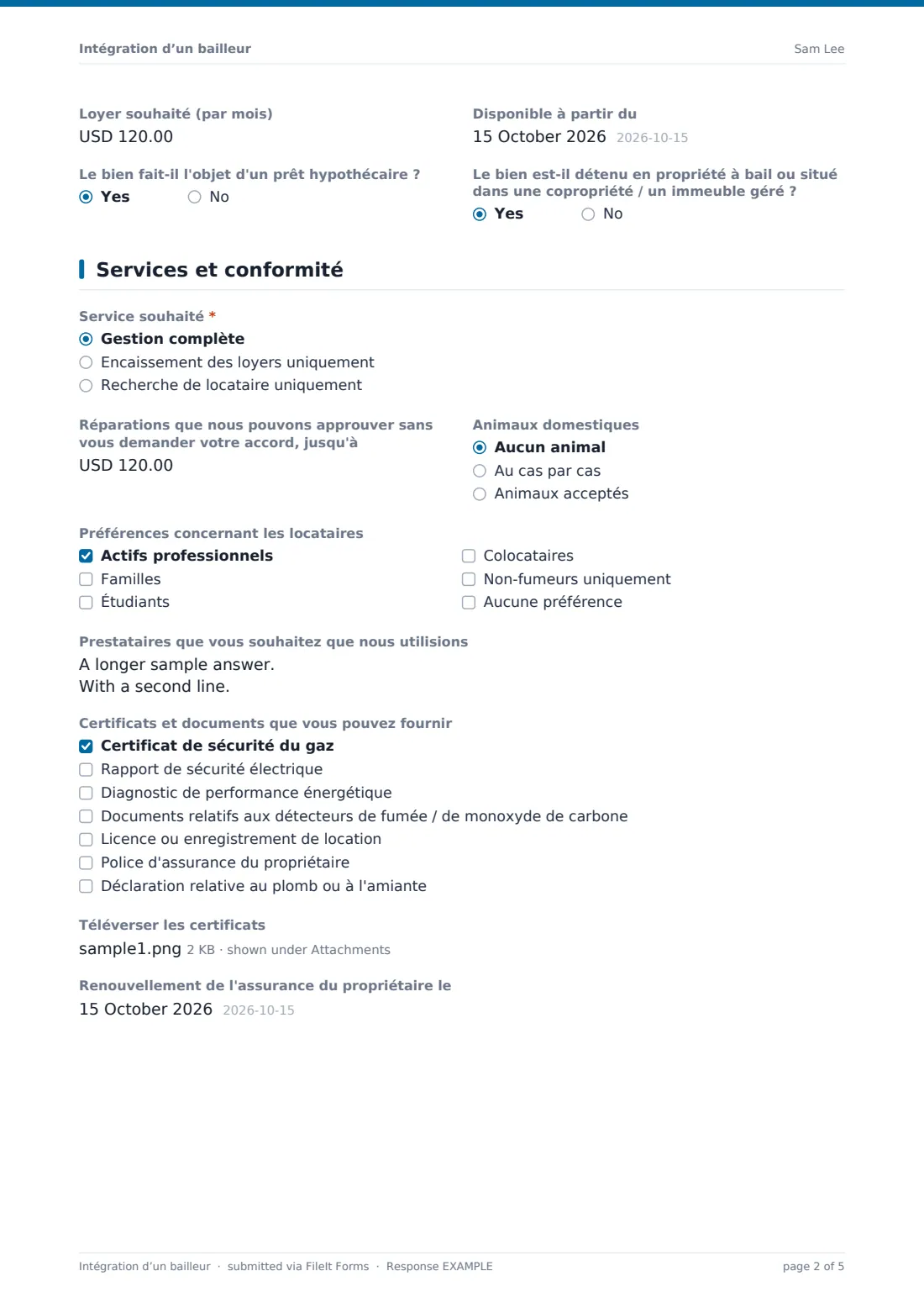 Intégration d’un bailleur — exemple de réponse au format PDF, page 2 sur 5