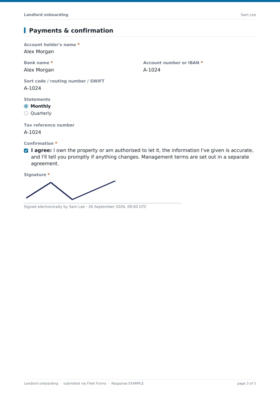 Landlord onboarding — example response PDF, page 3 of 5