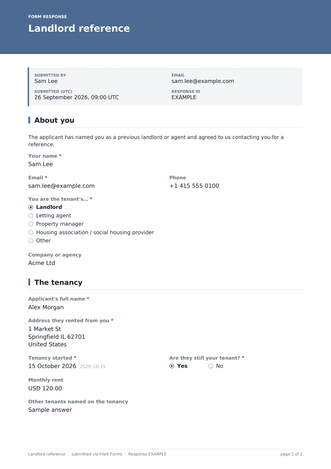 Landlord reference — example response PDF, page 1 of 2