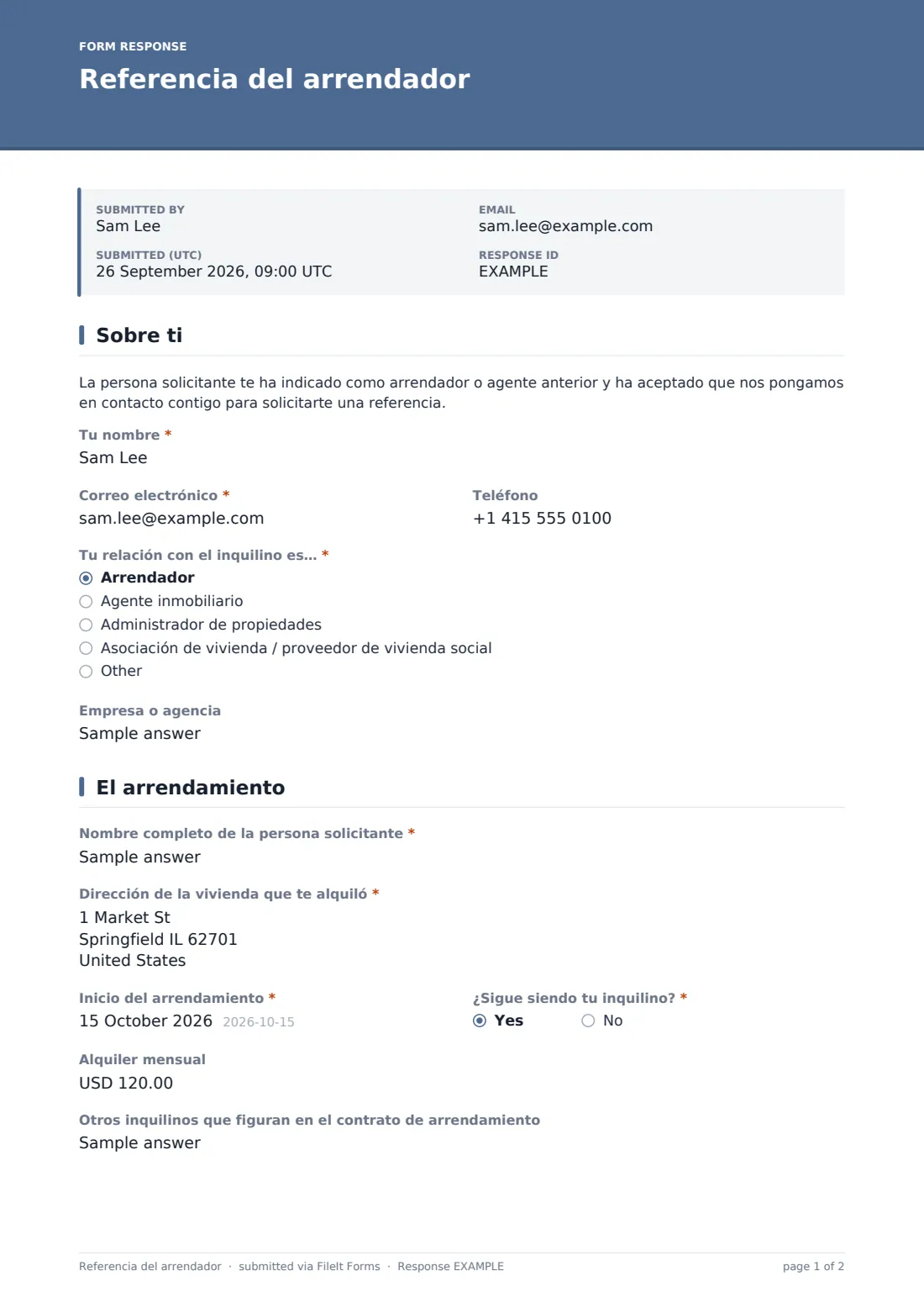 Referencia del arrendador — PDF de respuesta de ejemplo, página 1 de 2