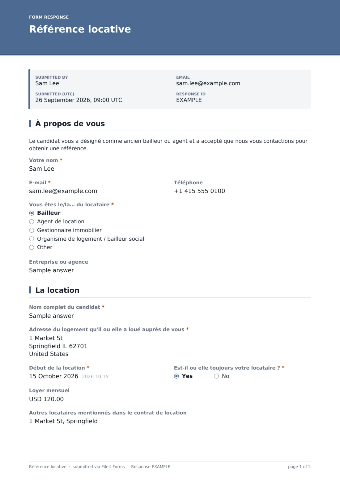 Référence locative — exemple de réponse au format PDF, page 1 sur 2