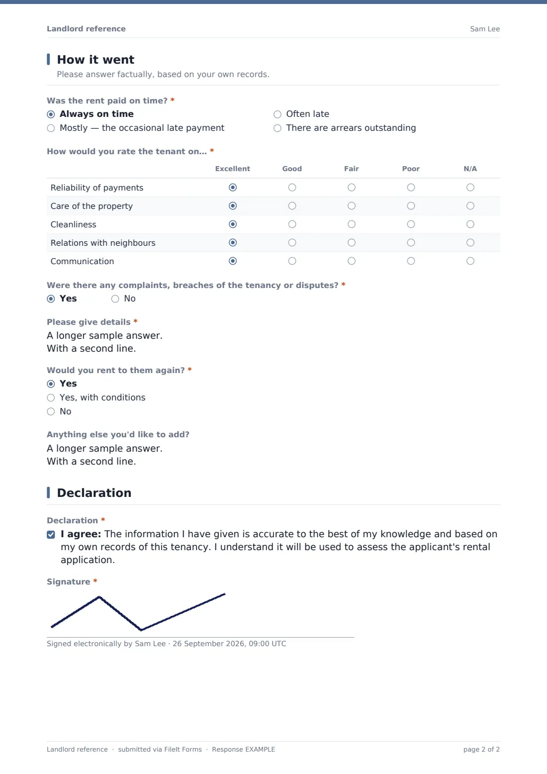 Landlord reference — example response PDF, page 2 of 2