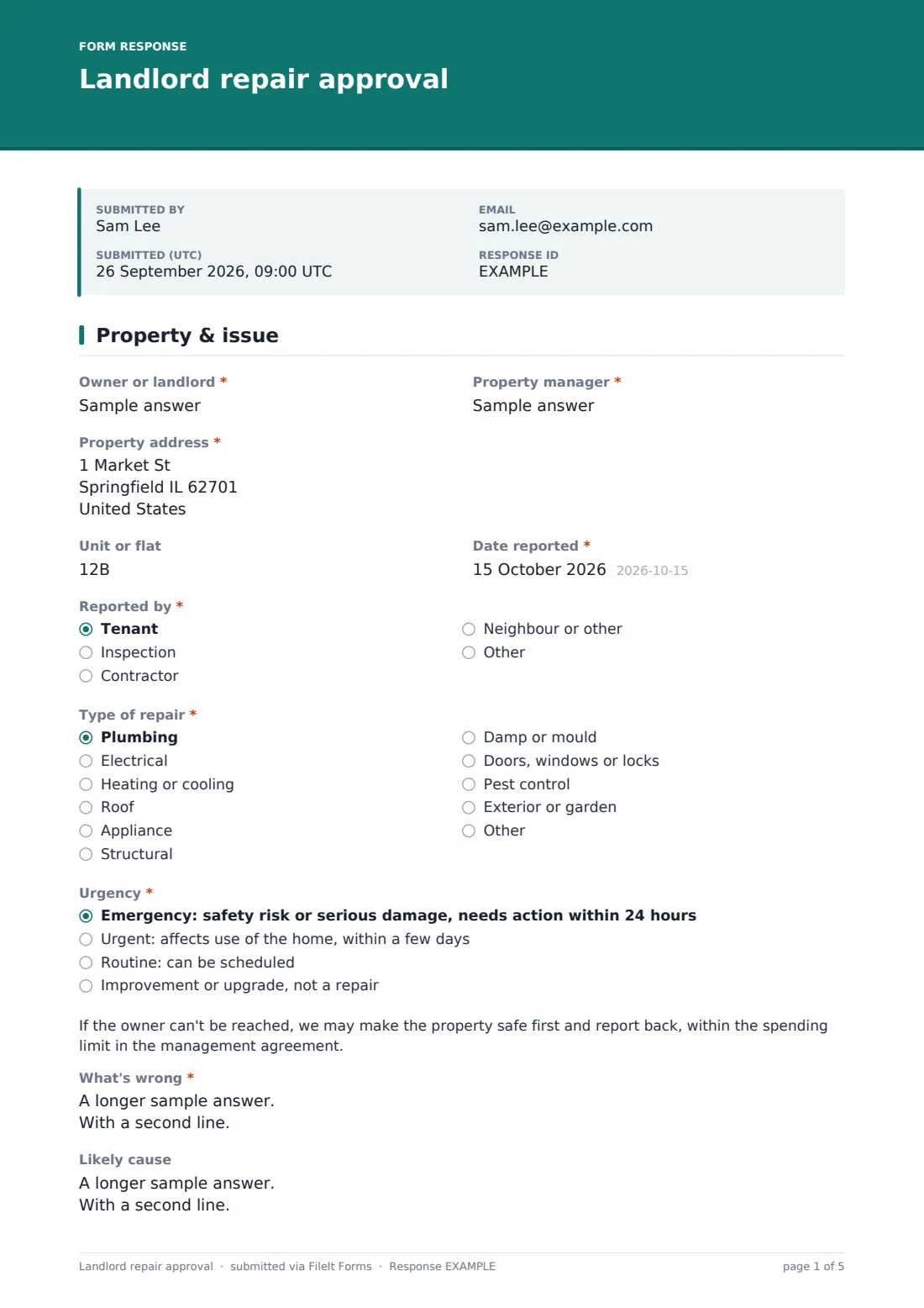 Landlord repair approval — example response PDF, page 1 of 5