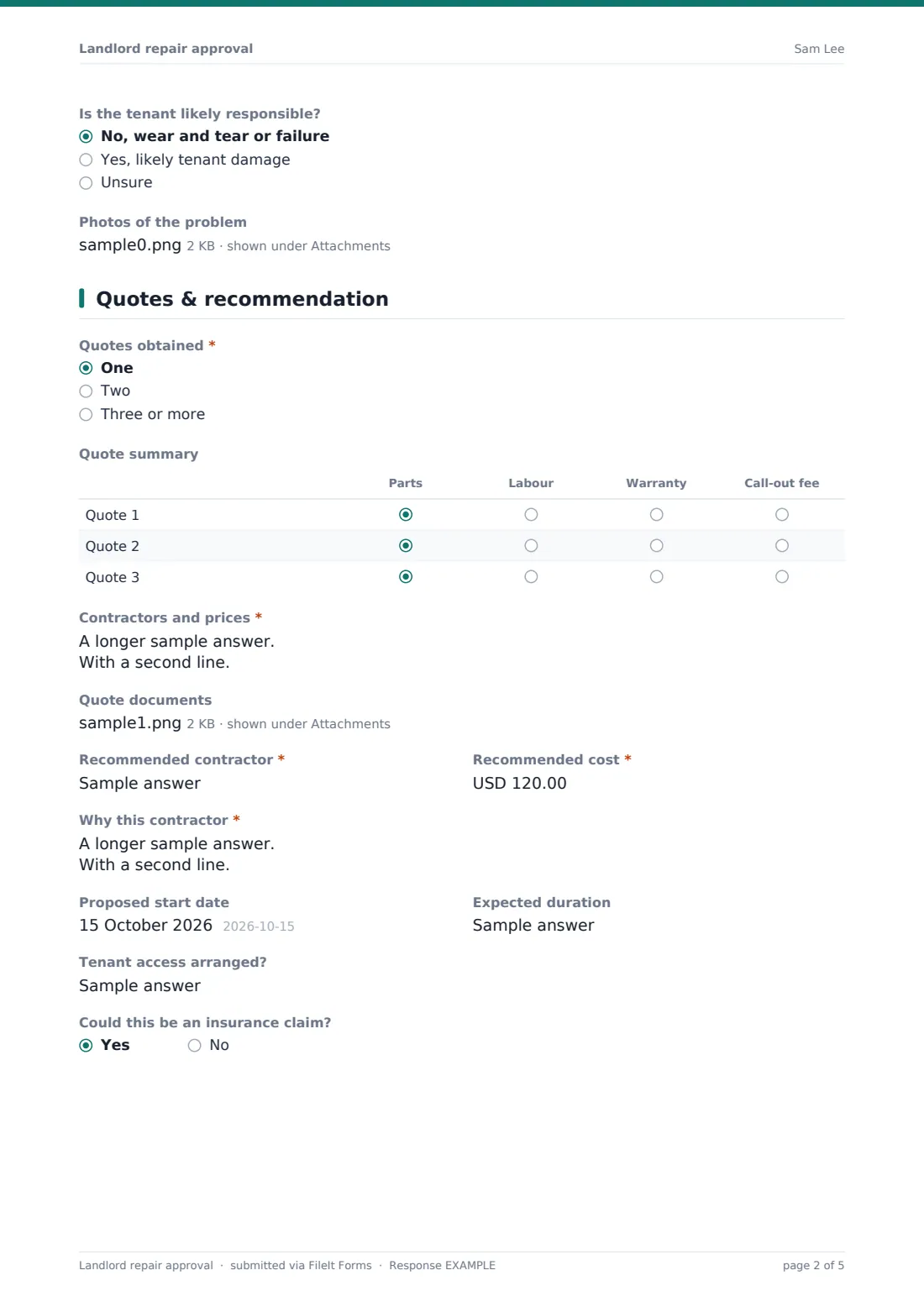Landlord repair approval — example response PDF, page 2 of 5