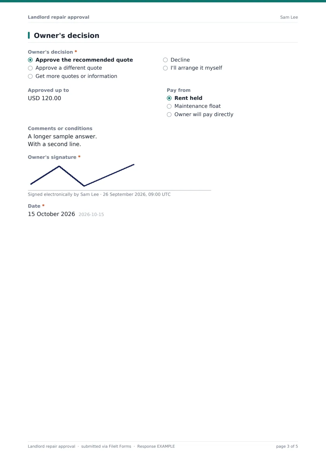 Landlord repair approval — example response PDF, page 3 of 5