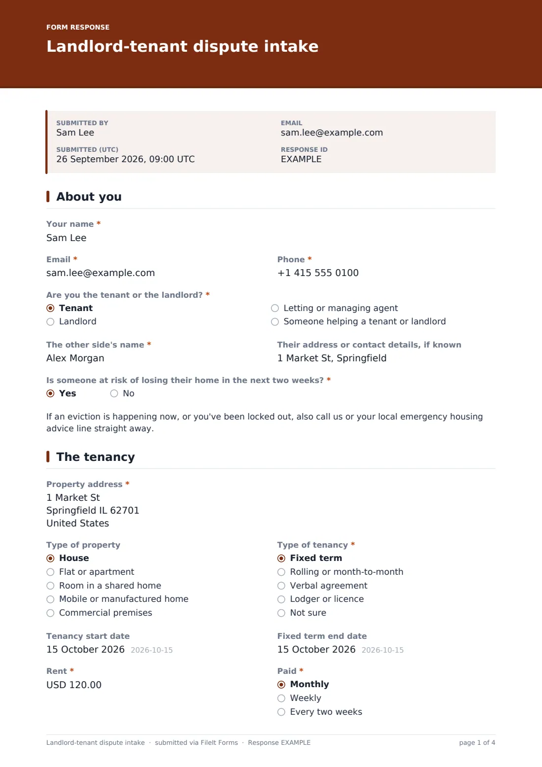 Landlord-tenant dispute intake — example response PDF, page 1 of 4