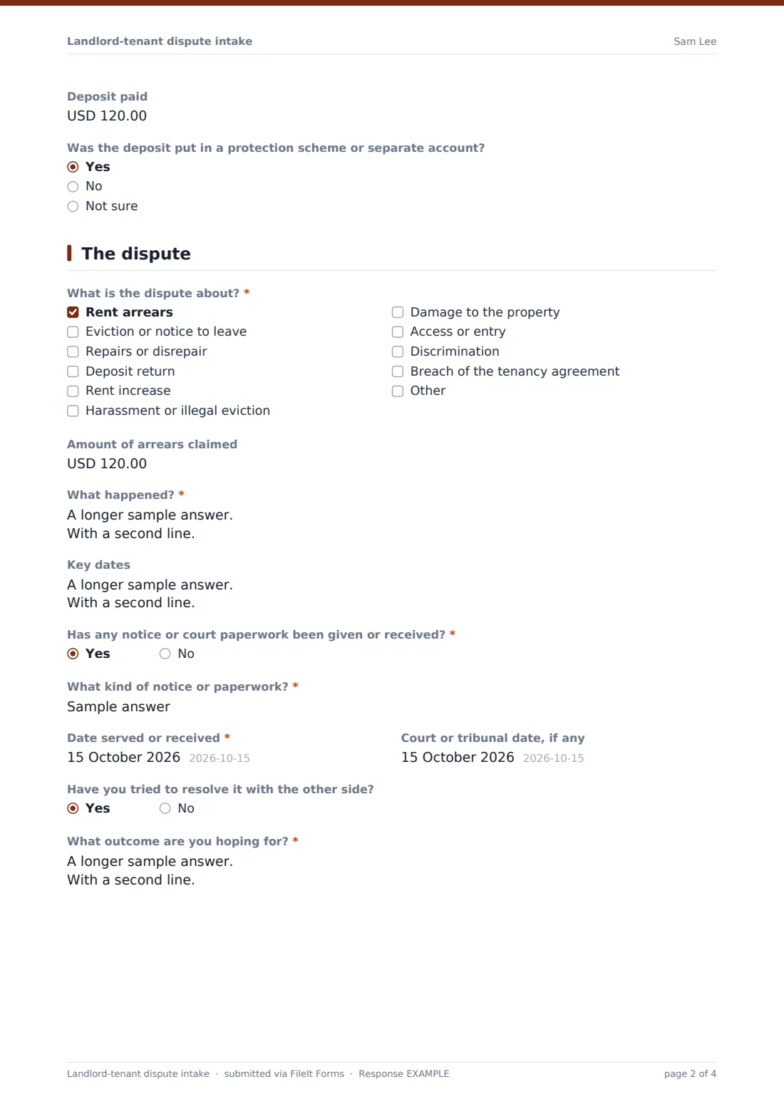 Landlord-tenant dispute intake — example response PDF, page 2 of 4