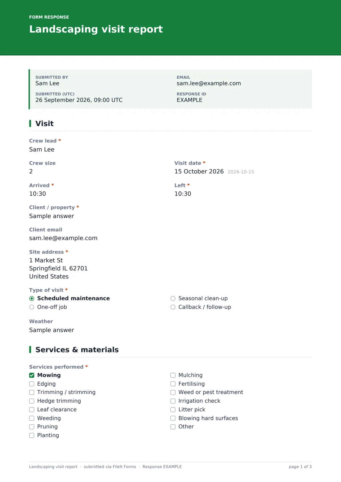 Landscaping visit report — example response PDF, page 1 of 3