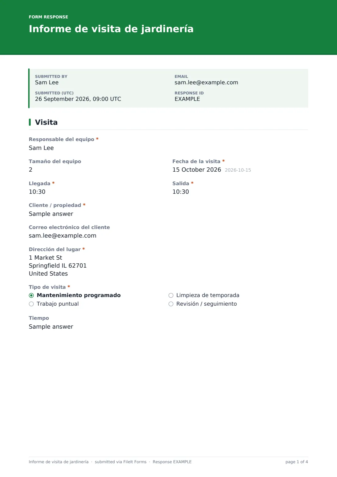 Informe de visita de jardinería — PDF de respuesta de ejemplo, página 1 de 4