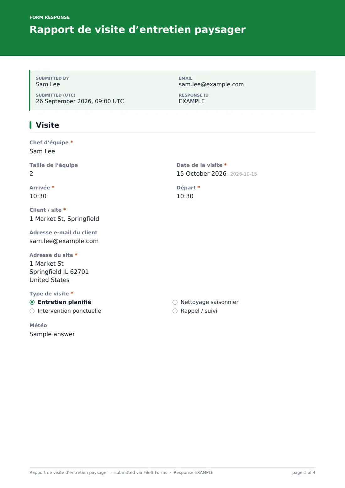 Rapport de visite d’entretien paysager — exemple de réponse au format PDF, page 1 sur 4