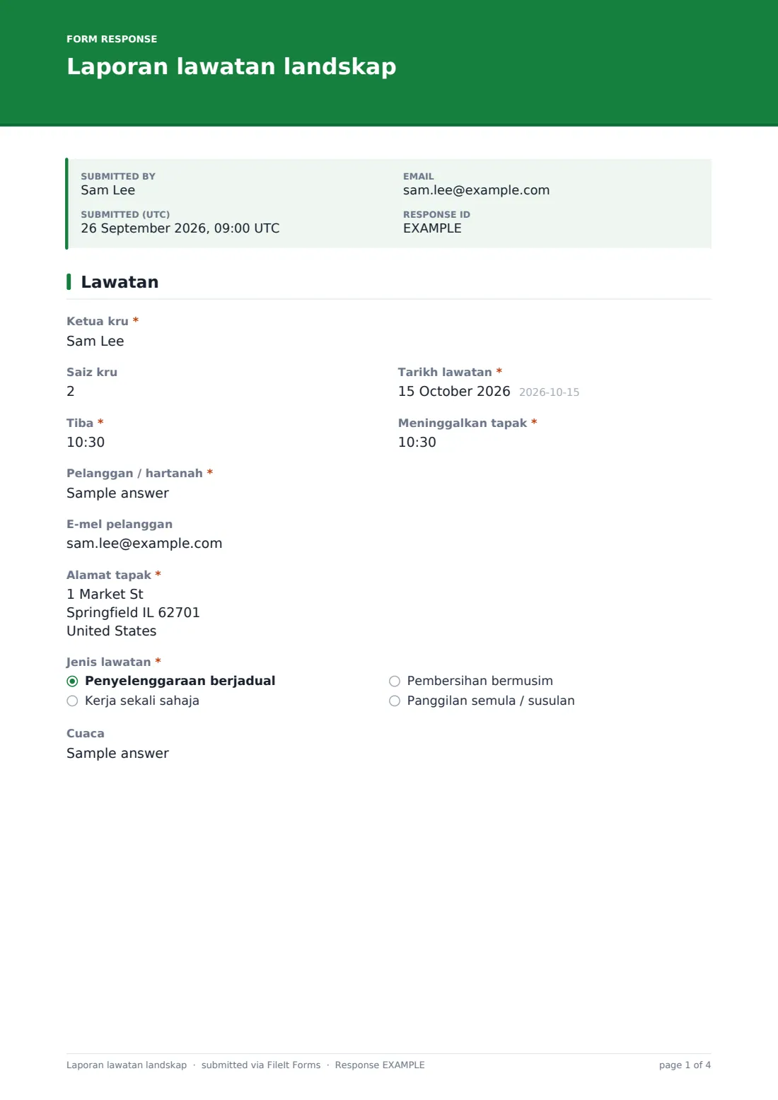 Laporan lawatan landskap — PDF respons contoh, halaman 1 daripada 4