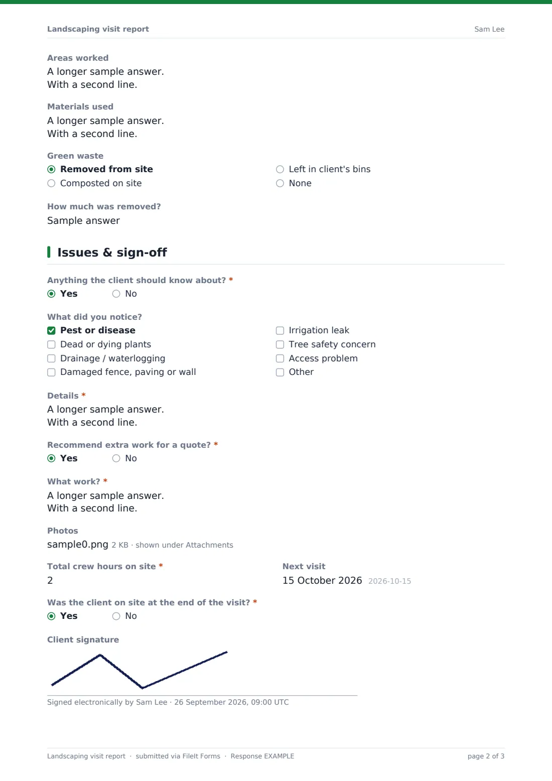 Landscaping visit report — example response PDF, page 2 of 3
