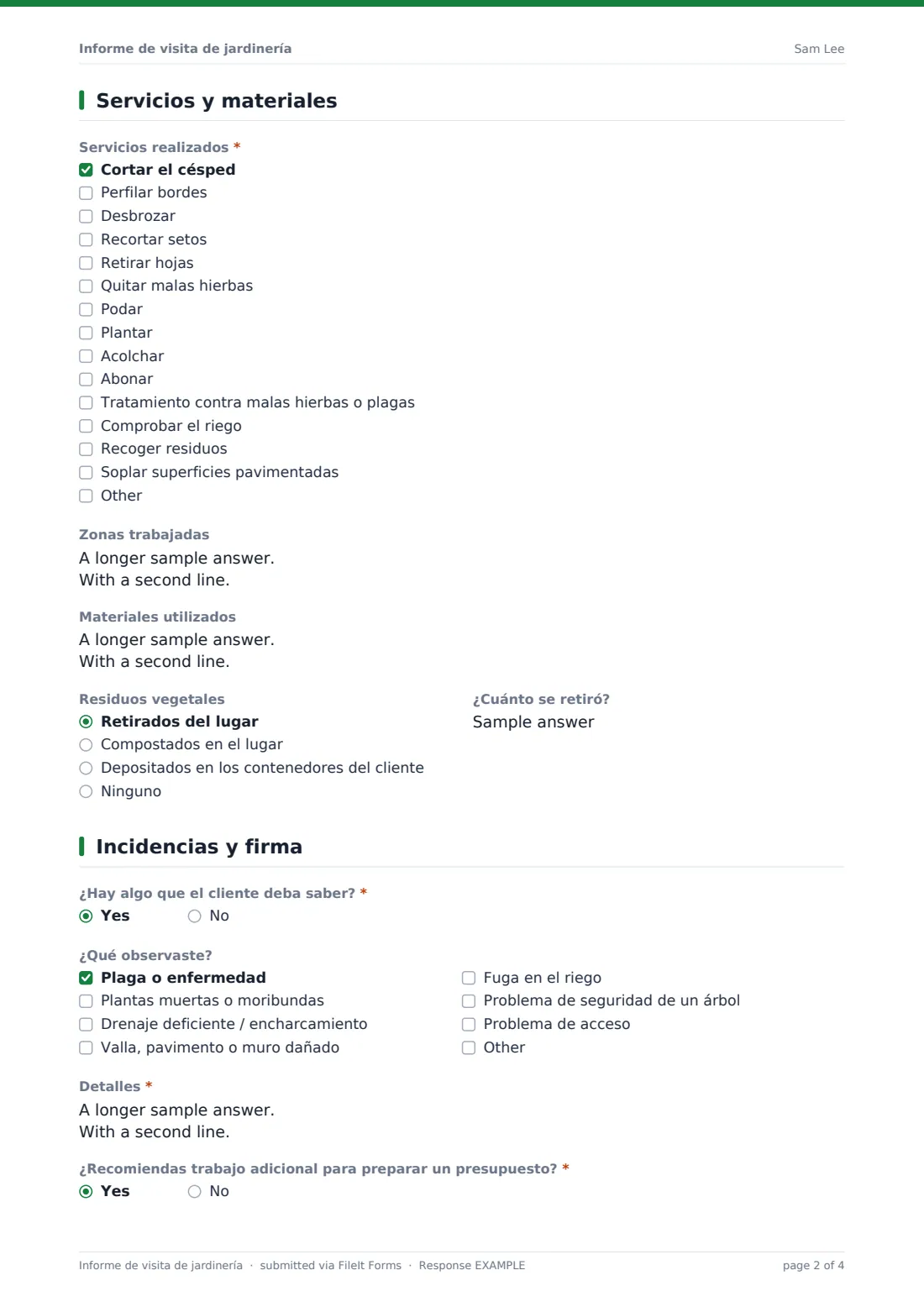 Informe de visita de jardinería — PDF de respuesta de ejemplo, página 2 de 4