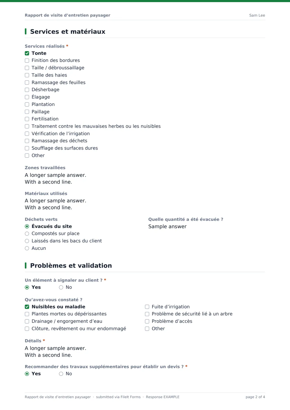 Rapport de visite d’entretien paysager — exemple de réponse au format PDF, page 2 sur 4