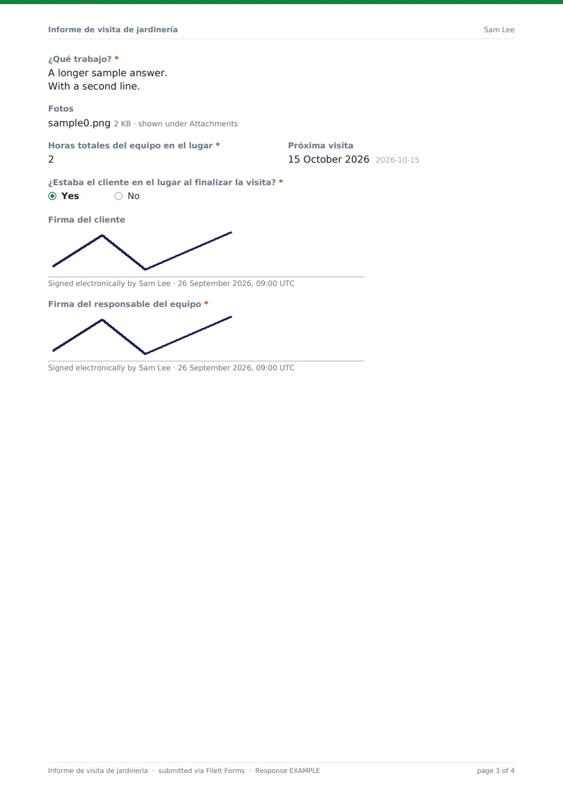 Informe de visita de jardinería — PDF de respuesta de ejemplo, página 3 de 4