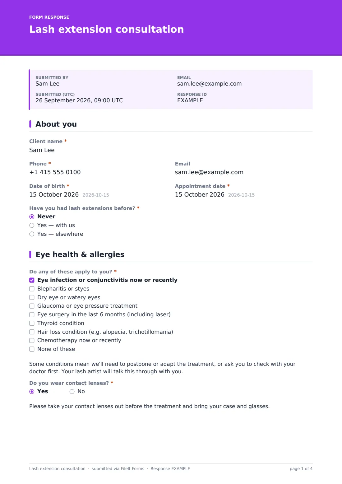 Lash extension consultation — example response PDF, page 1 of 4