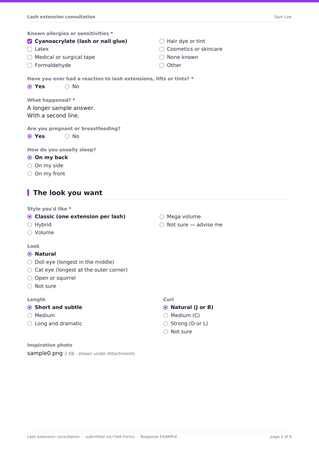Lash extension consultation — example response PDF, page 2 of 4