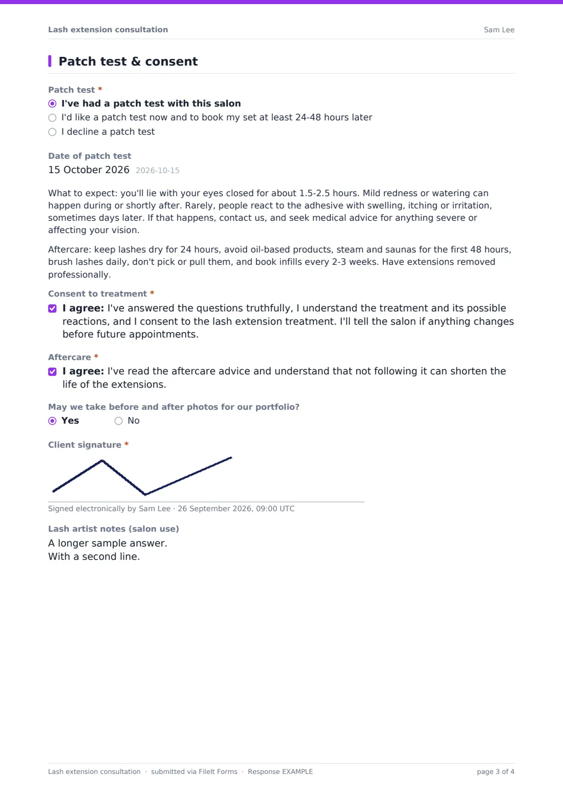 Lash extension consultation — example response PDF, page 3 of 4
