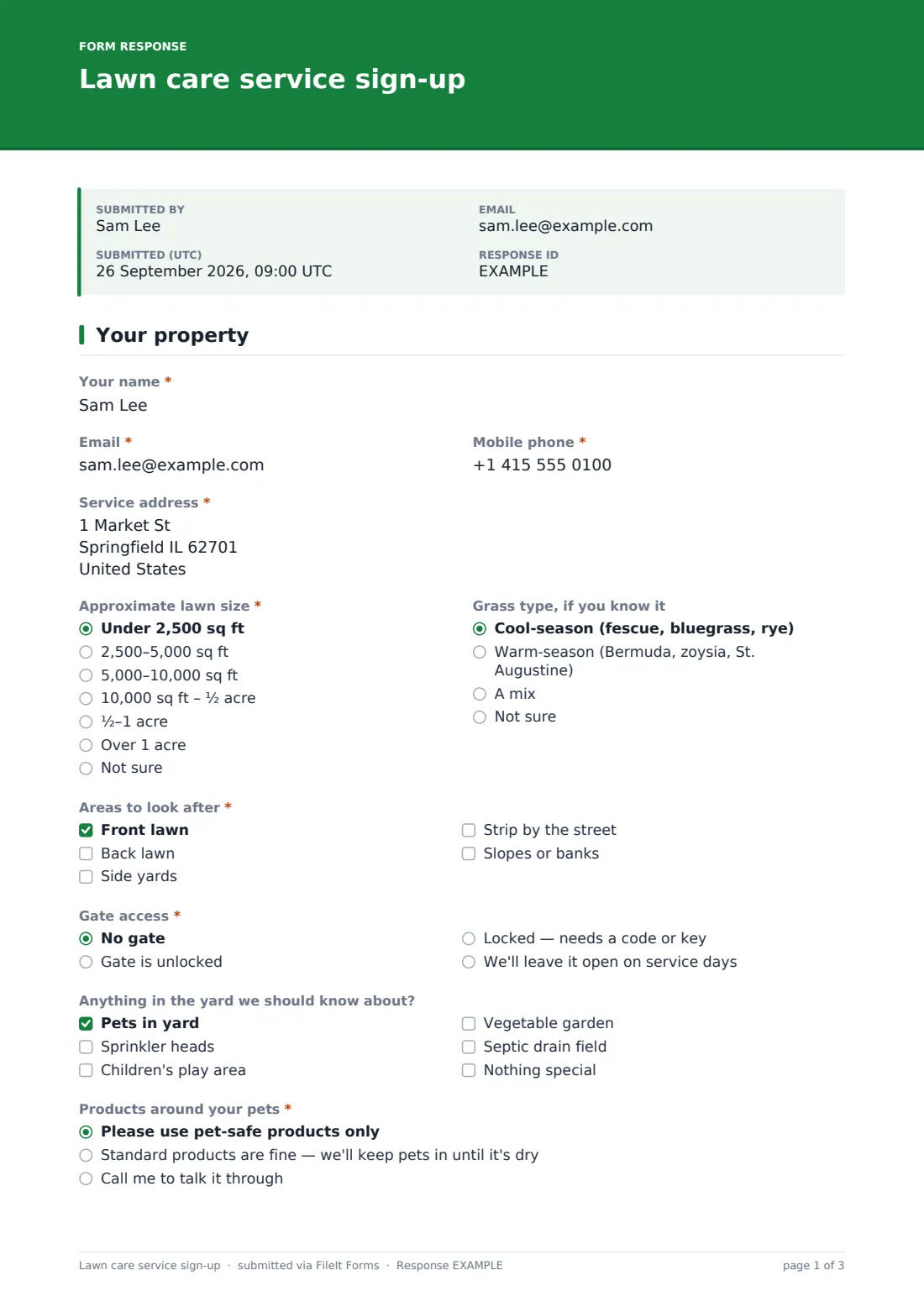 Lawn care service sign-up — example response PDF, page 1 of 3
