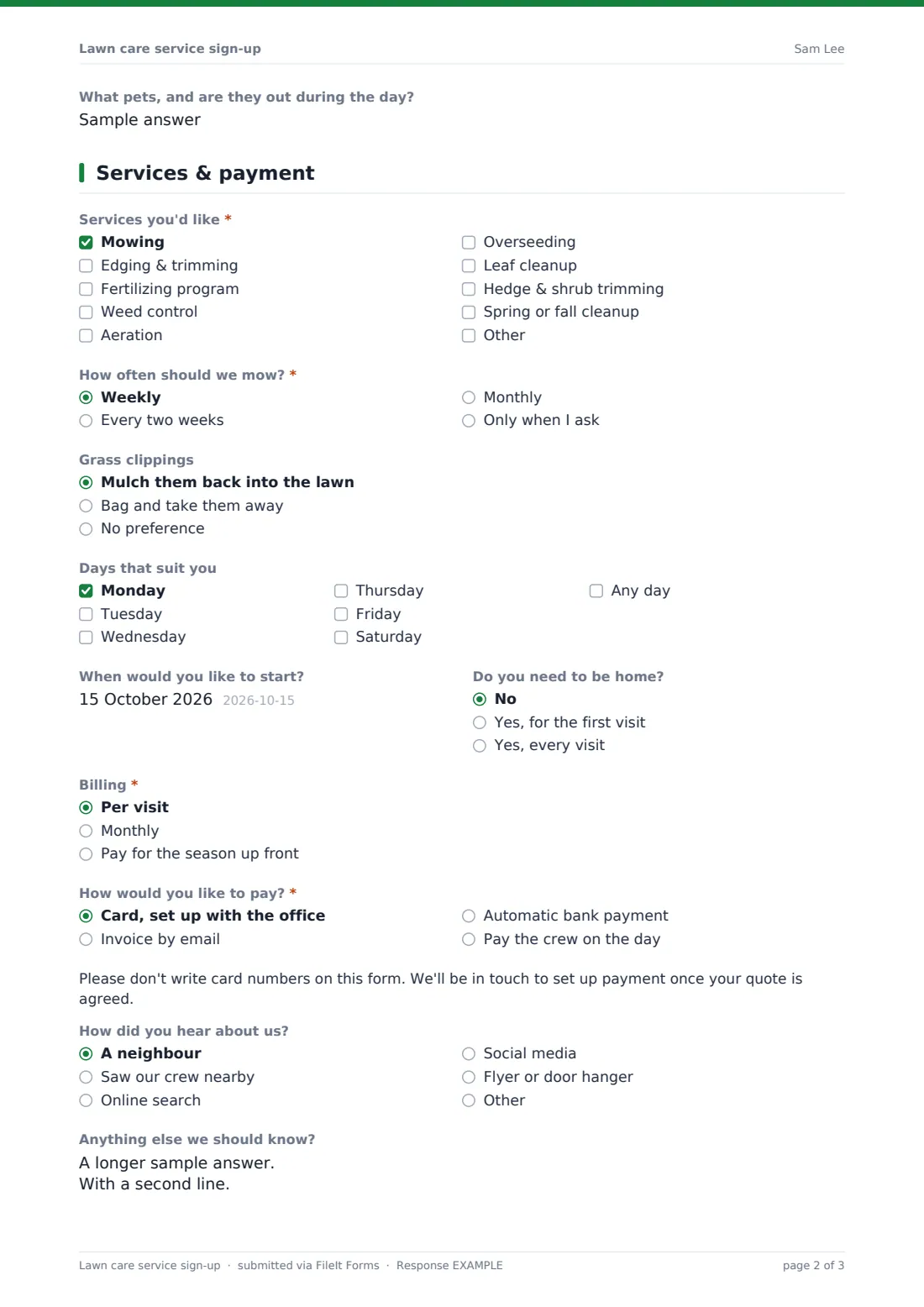 Lawn care service sign-up — example response PDF, page 2 of 3