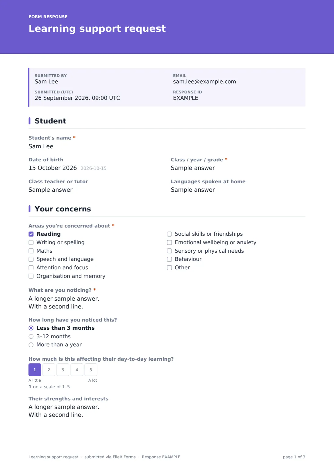 Learning support request — example response PDF, page 1 of 3