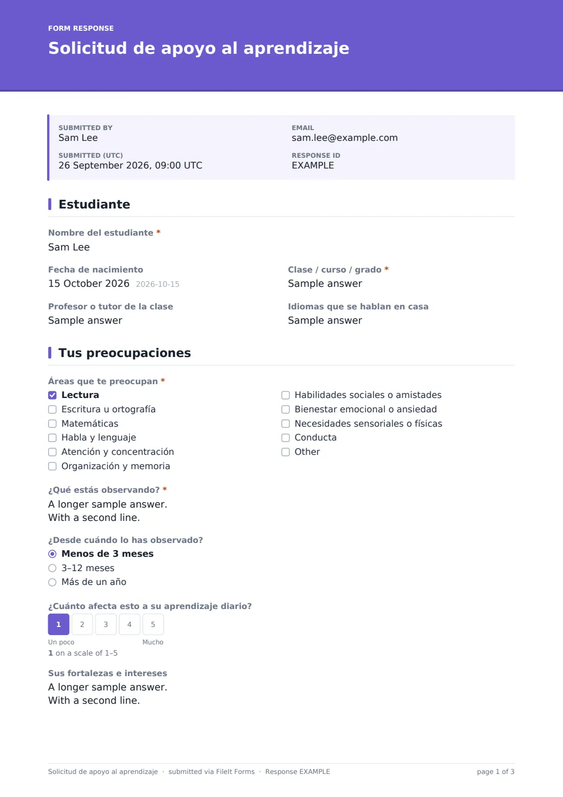 Solicitud de apoyo al aprendizaje — PDF de respuesta de ejemplo, página 1 de 3