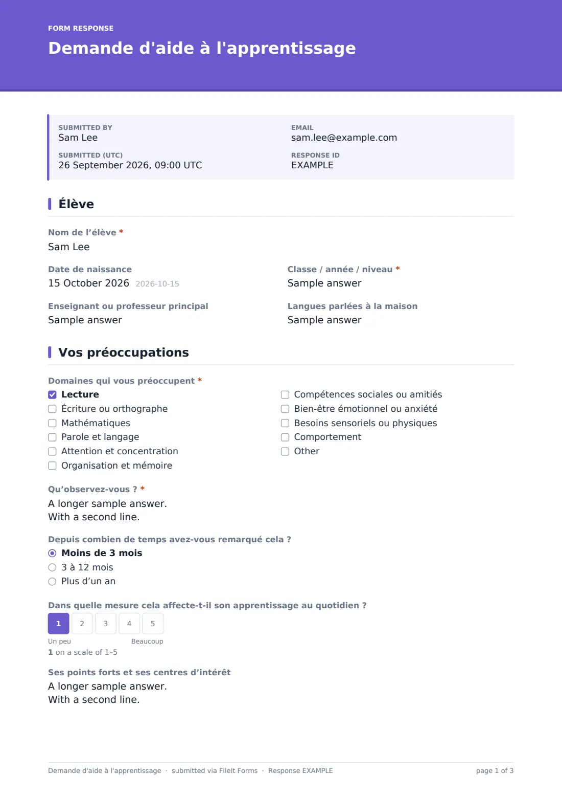 Demande d'aide à l'apprentissage — exemple de réponse au format PDF, page 1 sur 3