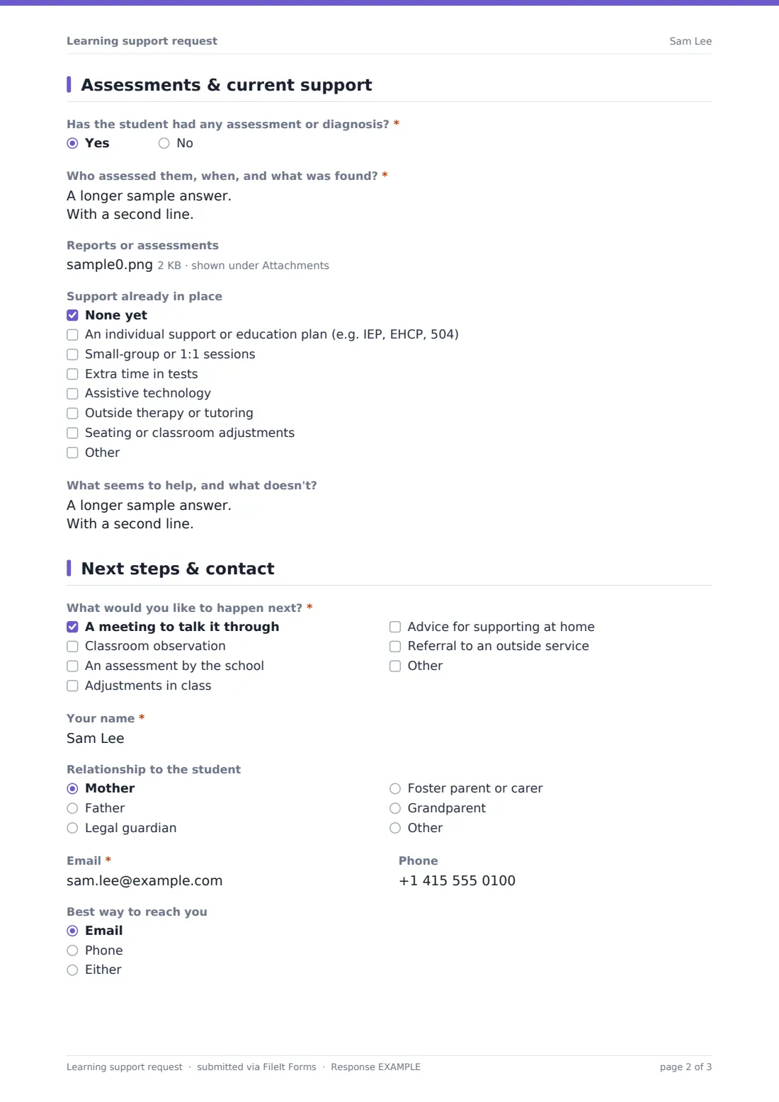 Learning support request — example response PDF, page 2 of 3