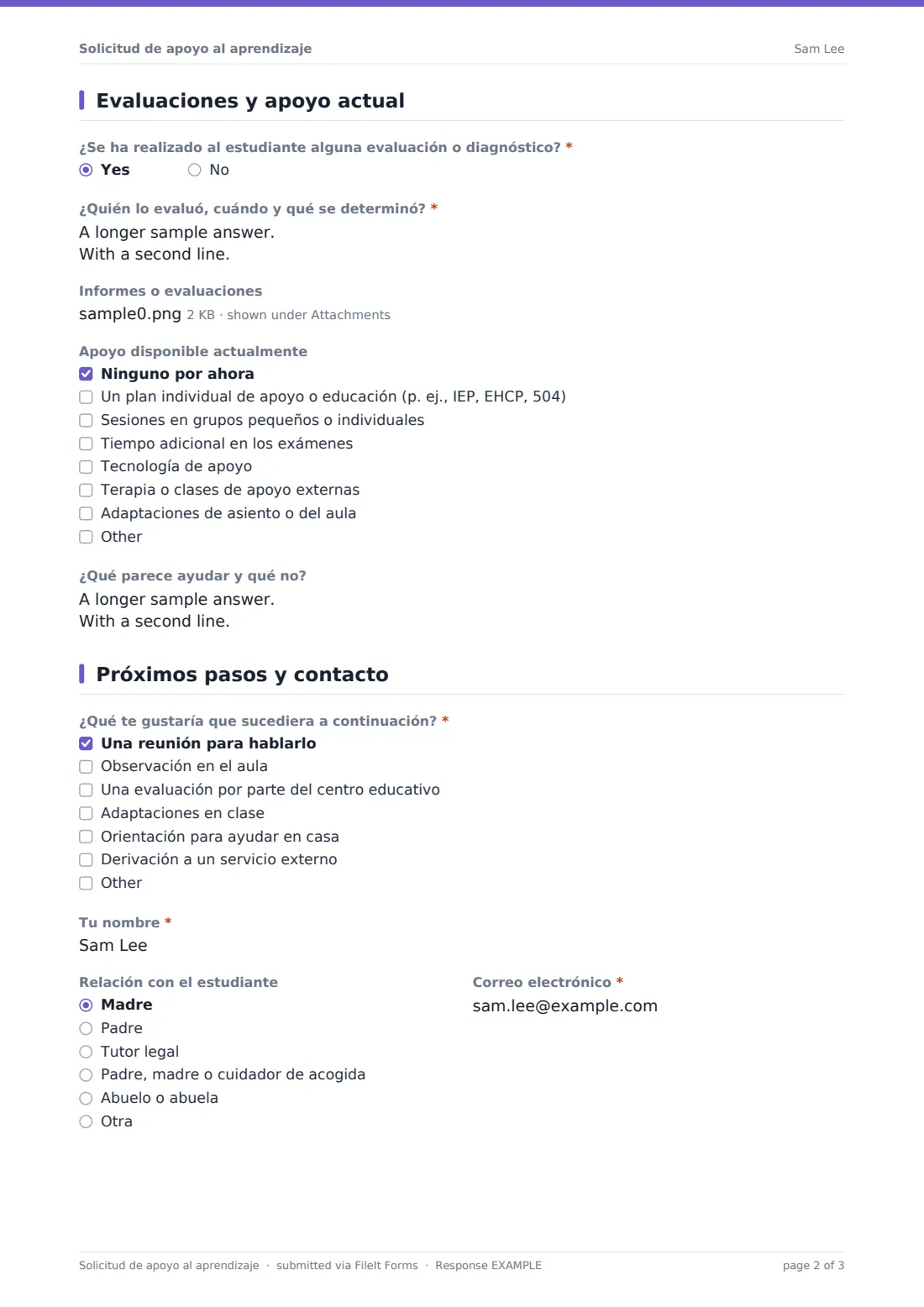 Solicitud de apoyo al aprendizaje — PDF de respuesta de ejemplo, página 2 de 3