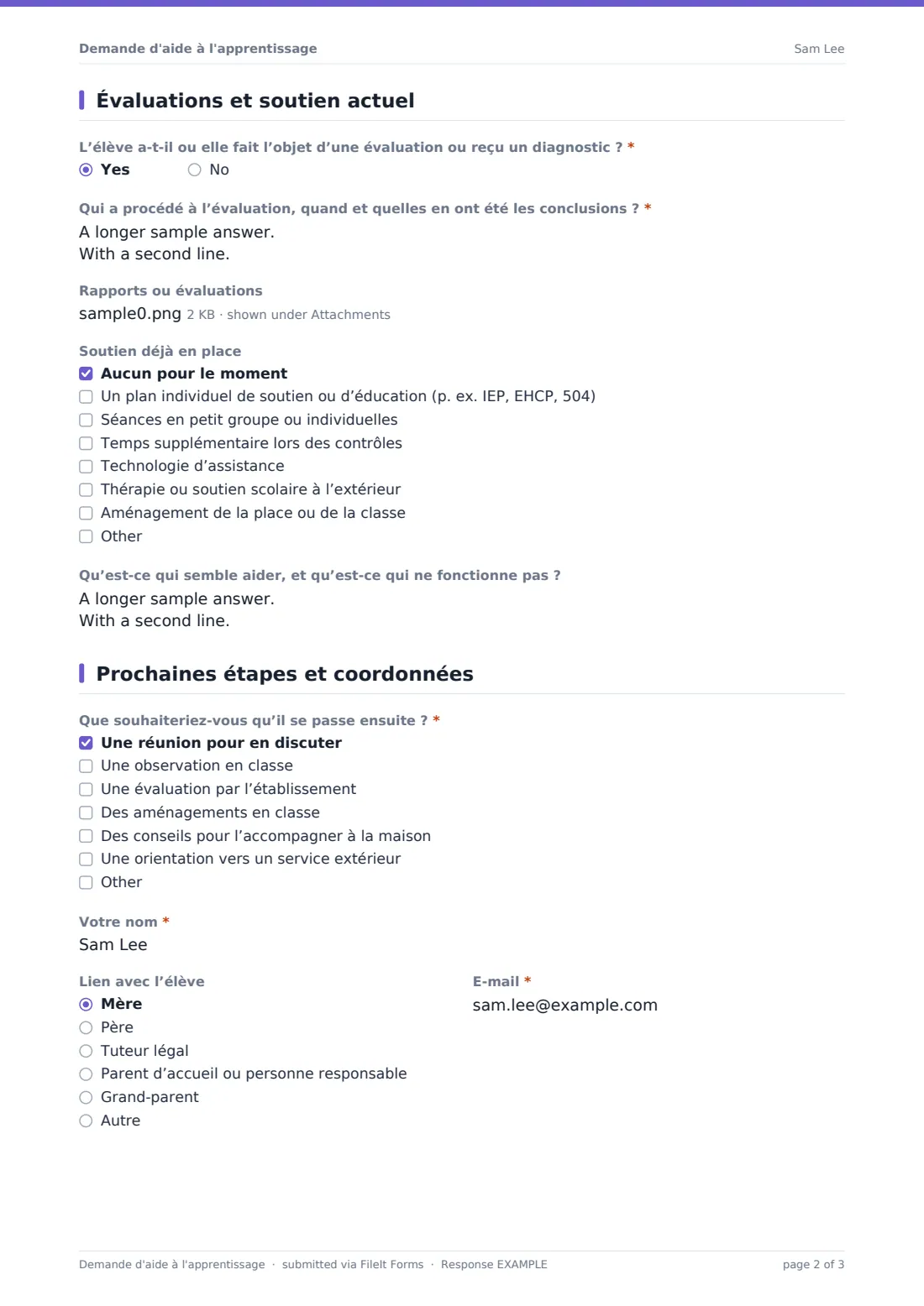 Demande d'aide à l'apprentissage — exemple de réponse au format PDF, page 2 sur 3