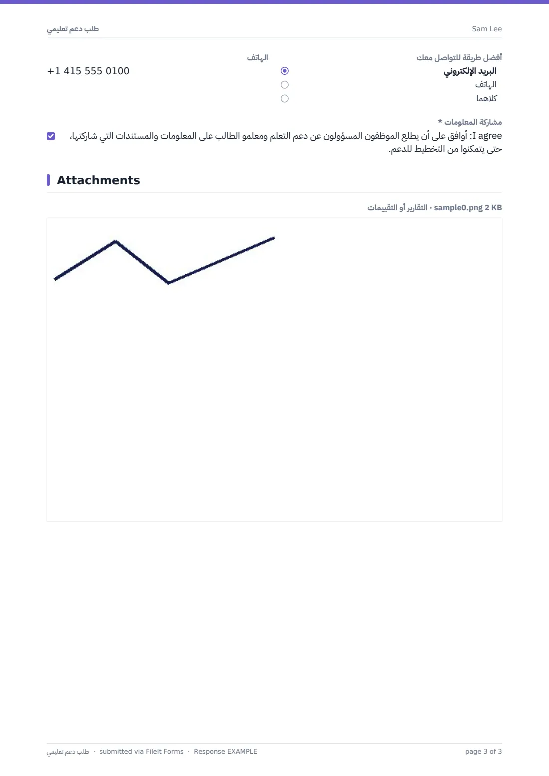 طلب دعم تعليمي — ملف PDF لرد نموذجي، الصفحة 3 من 3