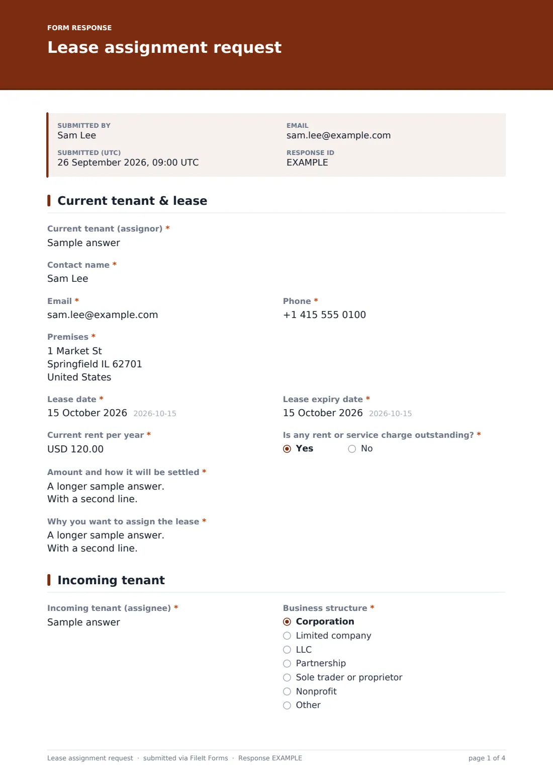 Lease assignment request — example response PDF, page 1 of 4