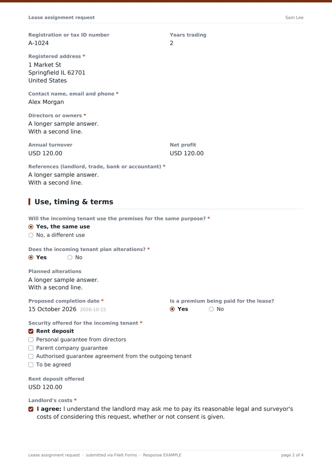 Lease assignment request — example response PDF, page 2 of 4