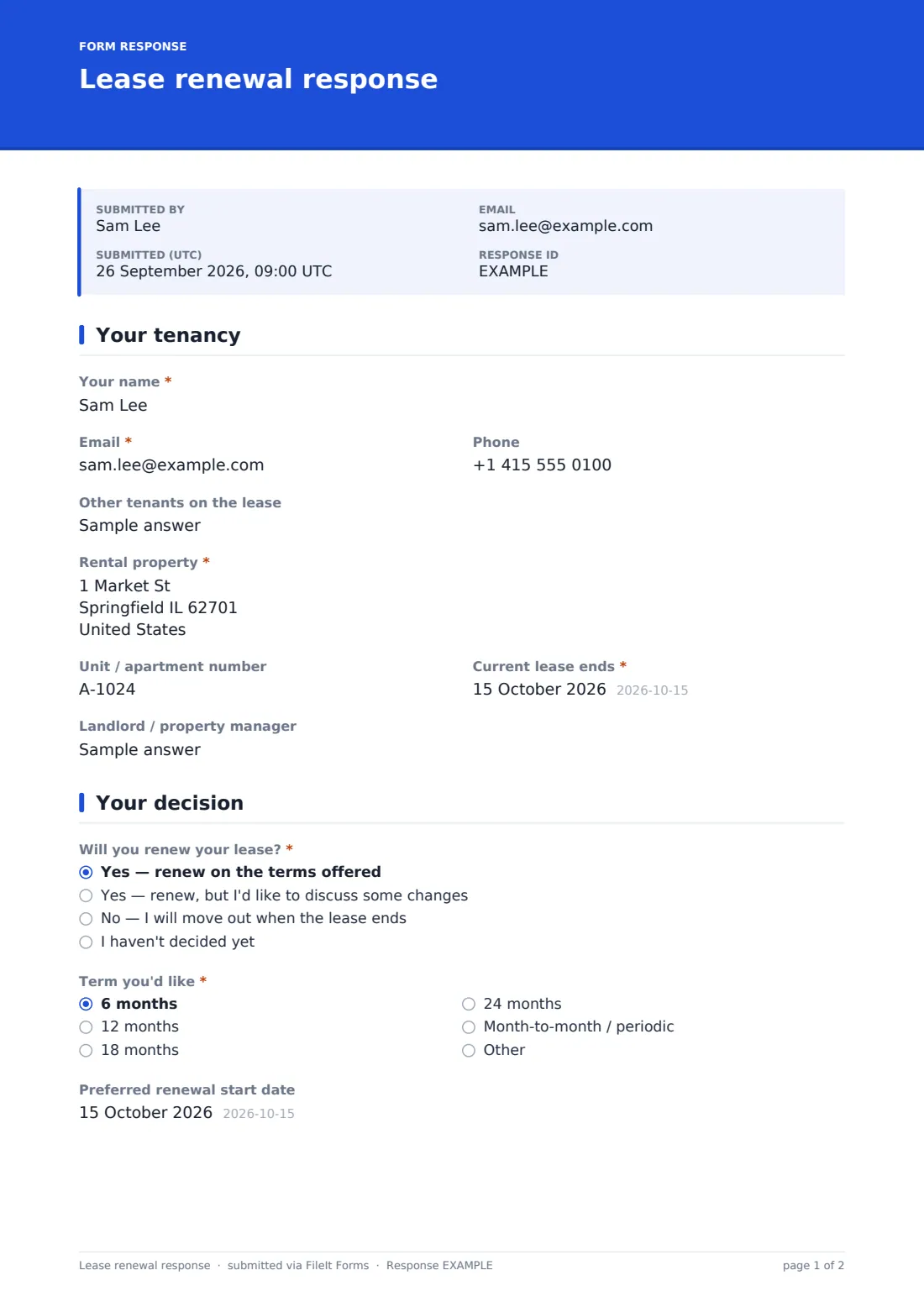 Lease renewal response — example response PDF, page 1 of 2