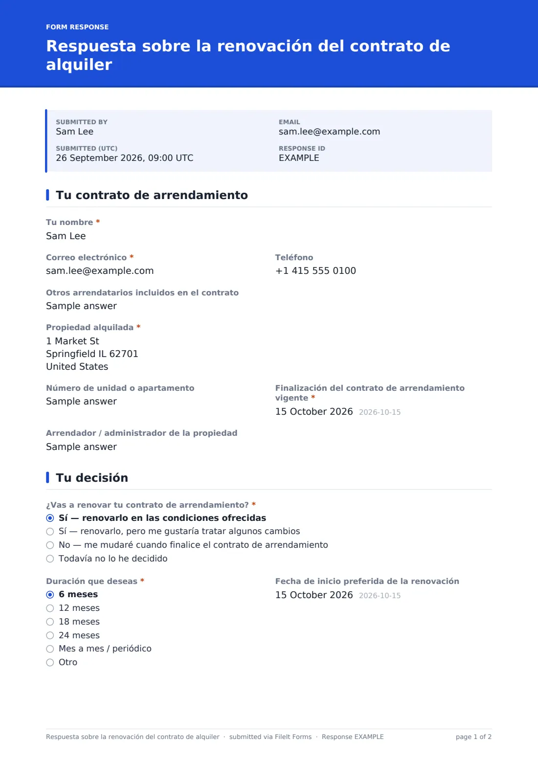 Respuesta sobre la renovación del contrato de alquiler — PDF de respuesta de ejemplo, página 1 de 2