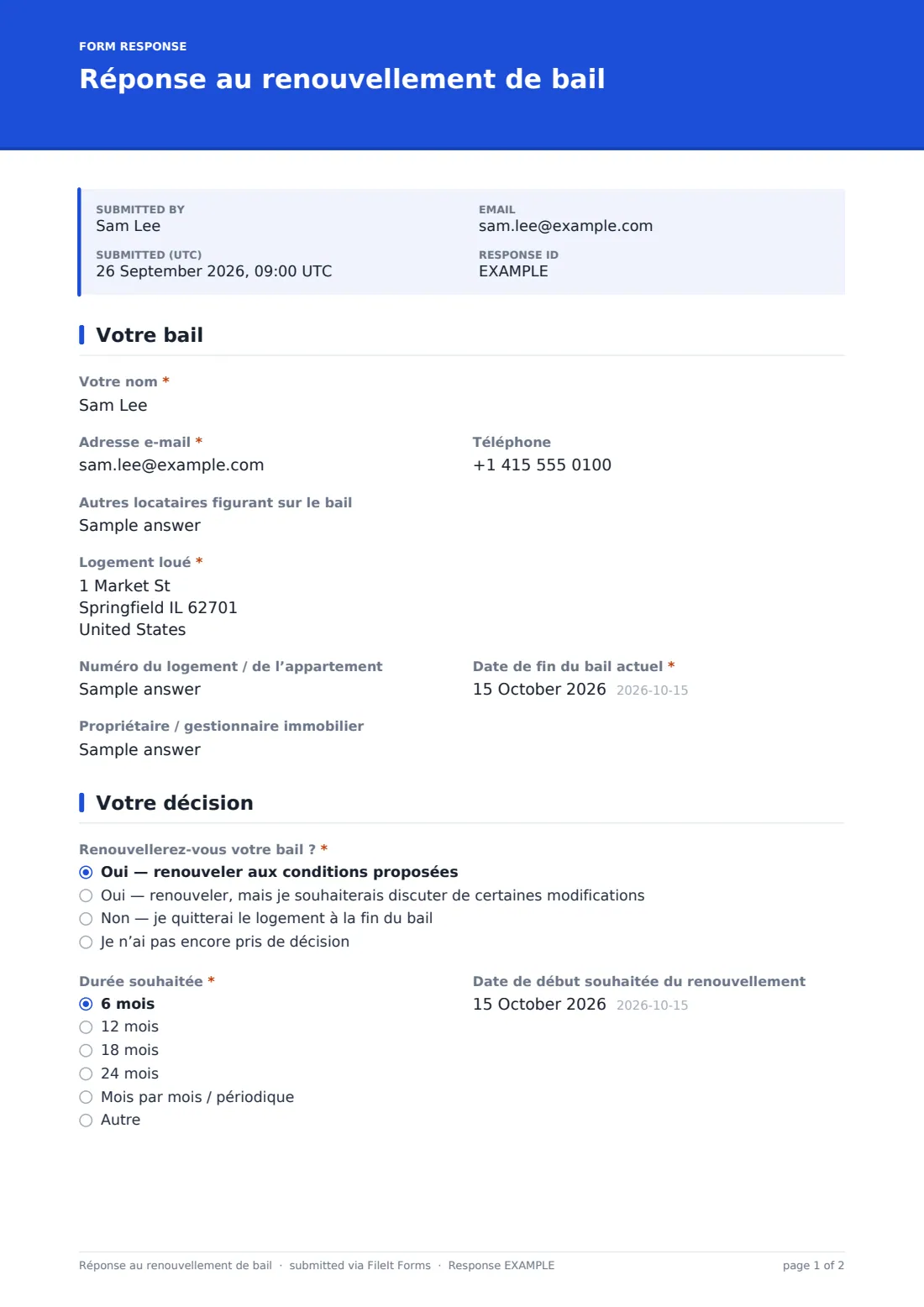 Réponse au renouvellement de bail — exemple de réponse au format PDF, page 1 sur 2