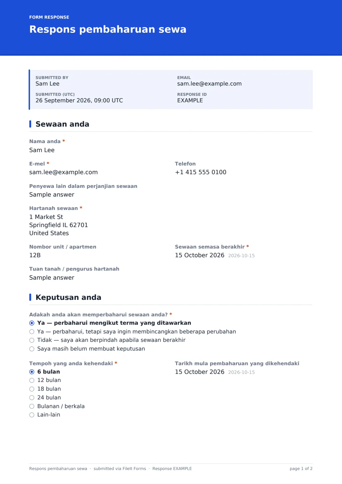 Respons pembaharuan sewa — PDF respons contoh, halaman 1 daripada 2