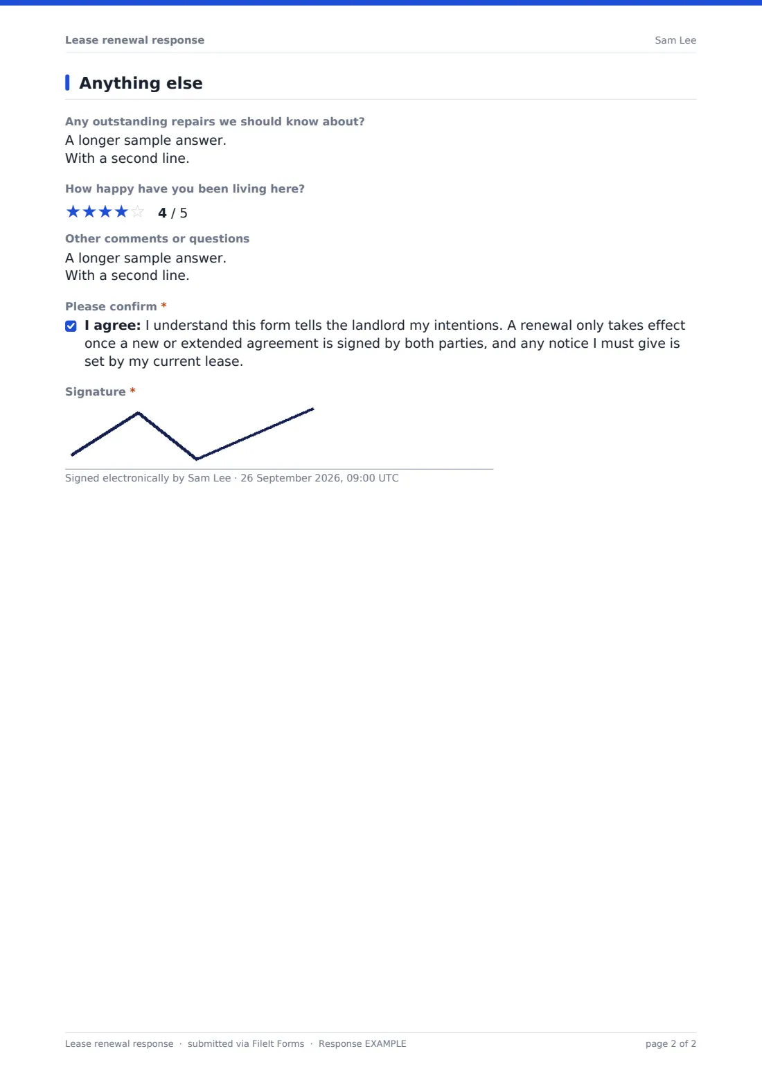 Lease renewal response — example response PDF, page 2 of 2